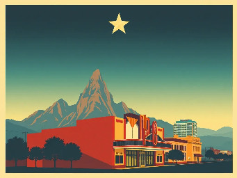 make a vintage retro poster of el paso, texas with the franklin mountains and the star on it and the downtown skyline with the plaza theatre