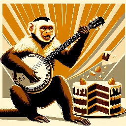 Create a vintage poster-style vector illustration with a bold, simplified and stylized design.  The artwork features a capuchin monkey playing a banjo, with a quirky and expressive look. Above the monkey, include a surreal element: a cake split in half mid-air, with crumbs floating.  Use a retro poster composition: strong rectangular layout, clear framing, and balanced hierarchy between text and illustration.  Apply a flat vector style with solid color blocks, no gradients, no realistic textures. Emphasize strong contrast between light and shadow, using bold shapes and clean edges.  Include vintage serif typography in a creative layout (stacked, curved, or integrated into the illustration — not straight lines).  Use a limited retro color palette (burnt orange, cream, dark brown, muted red), inspired by mid-century print posters.  Style should resemble screen-printed vintage posters, slightly worn aesthetic but still clean and graphic.  Plain solid background, no mockup, no clothing, no photo, no realistic scene. Vector illustration only, SVG style, isolated artwork, print-ready.