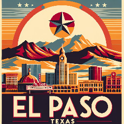 make a vintage retro poster of el paso, texas with the franklin mountains and the star on it and the downtown skyline with the plaza theatre