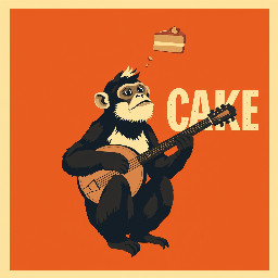 Create a vintage poster-style vector illustration with a bold, simplified and stylized design.  The artwork features a capuchin monkey playing a banjo, with a quirky and expressive look. Above the monkey, include a surreal element: a cake split in half mid-air, with crumbs floating.  Use a retro poster composition: strong rectangular layout, clear framing, and balanced hierarchy between text and illustration.  Apply a flat vector style with solid color blocks, no gradients, no realistic textures. Emphasize strong contrast between light and shadow, using bold shapes and clean edges.  Include vintage serif typography in a creative layout (stacked, curved, or integrated into the illustration — not straight lines).  Use a limited retro color palette (burnt orange, cream, dark brown, muted red), inspired by mid-century print posters.  Style should resemble screen-printed vintage posters, slightly worn aesthetic but still clean and graphic.  Plain solid background, no mockup, no clothing, no photo, no realistic scene. Vector illustration only, SVG style, isolated artwork, print-ready.