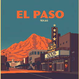 make a vintage retro poster of el paso, texas with the franklin mountains and the star on it and the downtown skyline with the plaza theatre