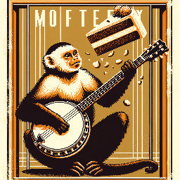 Create a vintage poster-style vector illustration with a bold, simplified and stylized design.  The artwork features a capuchin monkey playing a banjo, with a quirky and expressive look. Above the monkey, include a surreal element: a cake split in half mid-air, with crumbs floating.  Use a retro poster composition: strong rectangular layout, clear framing, and balanced hierarchy between text and illustration.  Apply a flat vector style with solid color blocks, no gradients, no realistic textures. Emphasize strong contrast between light and shadow, using bold shapes and clean edges.  Include vintage serif typography in a creative layout (stacked, curved, or integrated into the illustration — not straight lines).  Use a limited retro color palette (burnt orange, cream, dark brown, muted red), inspired by mid-century print posters.  Style should resemble screen-printed vintage posters, slightly worn aesthetic but still clean and graphic.  Plain solid background, no mockup, no clothing, no photo, no realistic scene. Vector illustration only, SVG style, isolated artwork, print-ready.
