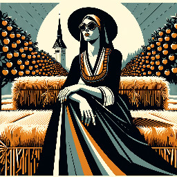 dans le style d'une photo des années 70-90's, pourrais-tu me générer l'image d'une femme avec un costume traditionnel normand, lunette de soleil, air désabusé, assise sur des ballots de paille avec des pommiers en fond ?