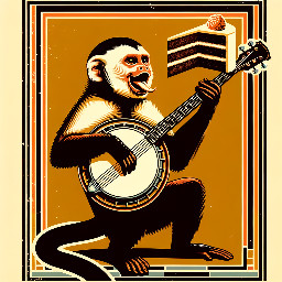 Create a vintage poster-style vector illustration with a bold, simplified and stylized design.  The artwork features a capuchin monkey playing a banjo, with a quirky and expressive look. Above the monkey, include a surreal element: a cake split in half mid-air, with crumbs floating.  Use a retro poster composition: strong rectangular layout, clear framing, and balanced hierarchy between text and illustration.  Apply a flat vector style with solid color blocks, no gradients, no realistic textures. Emphasize strong contrast between light and shadow, using bold shapes and clean edges.  Include vintage serif typography in a creative layout (stacked, curved, or integrated into the illustration — not straight lines).  Use a limited retro color palette (burnt orange, cream, dark brown, muted red), inspired by mid-century print posters.  Style should resemble screen-printed vintage posters, slightly worn aesthetic but still clean and graphic.  Plain solid background, no mockup, no clothing, no photo, no realistic scene. Vector illustration only, SVG style, isolated artwork, print-ready.