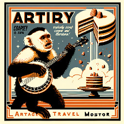 Create a vintage poster-style vector illustration with a bold, simplified and stylized design.  The artwork features a capuchin monkey playing a banjo, with a quirky and expressive look. Above the monkey, include a surreal element: a cake split in half mid-air, with crumbs floating.  Use a retro poster composition: strong rectangular layout, clear framing, and balanced hierarchy between text and illustration.  Apply a flat vector style with solid color blocks, no gradients, no realistic textures. Emphasize strong contrast between light and shadow, using bold shapes and clean edges.  Include vintage serif typography in a creative layout (stacked, curved, or integrated into the illustration — not straight lines).  Use a limited retro color palette (burnt orange, cream, dark brown, muted red), inspired by mid-century print posters.  Style should resemble screen-printed vintage posters, slightly worn aesthetic but still clean and graphic.  Plain solid background, no mockup, no clothing, no photo, no realistic scene. Vector illustration only, SVG style, isolated artwork, print-ready.