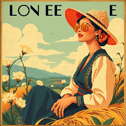 dans le style d'une photo des années 70-90's, pourrais-tu me générer l'image d'une femme avec un costume traditionnel normand, lunette de soleil, air désabusé, assise sur des ballots de paille avec des pommiers en fond ?