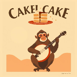 Create a vintage poster-style vector illustration with a bold, simplified and stylized design.  The artwork features a capuchin monkey playing a banjo, with a quirky and expressive look. Above the monkey, include a surreal element: a cake split in half mid-air, with crumbs floating.  Use a retro poster composition: strong rectangular layout, clear framing, and balanced hierarchy between text and illustration.  Apply a flat vector style with solid color blocks, no gradients, no realistic textures. Emphasize strong contrast between light and shadow, using bold shapes and clean edges.  Include vintage serif typography in a creative layout (stacked, curved, or integrated into the illustration — not straight lines).  Use a limited retro color palette (burnt orange, cream, dark brown, muted red), inspired by mid-century print posters.  Style should resemble screen-printed vintage posters, slightly worn aesthetic but still clean and graphic.  Plain solid background, no mockup, no clothing, no photo, no realistic scene. Vector illustration only, SVG style, isolated artwork, print-ready.