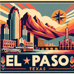 make a vintage retro poster of el paso, texas with the franklin mountains and the star on it and the downtown skyline with the plaza theatre