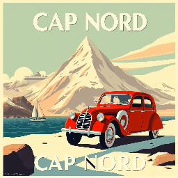 Affiche "Cap Nord" avec une "Renault" 4 rouge